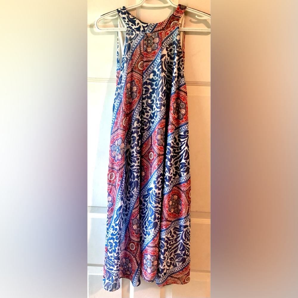 Cato Est. 1946 Blue Red White Boho Print Tie Neck Lined Sleeveless Knit Dress XL